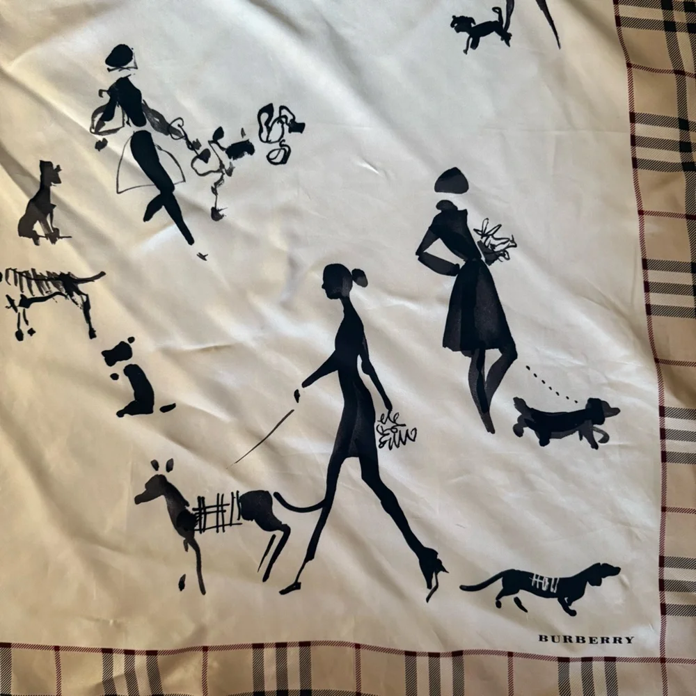 Burberry Vintage Cream and Black Silk Dog Print Scarf. Brand New - 35x35” - Picture 7 of 11